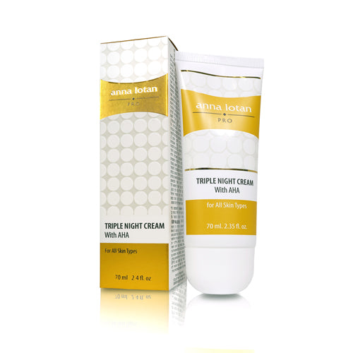 Anna Lotan Triple Night Cream with AHA, 70 ml / 2.4 fl oz white and gold tube, next to its box