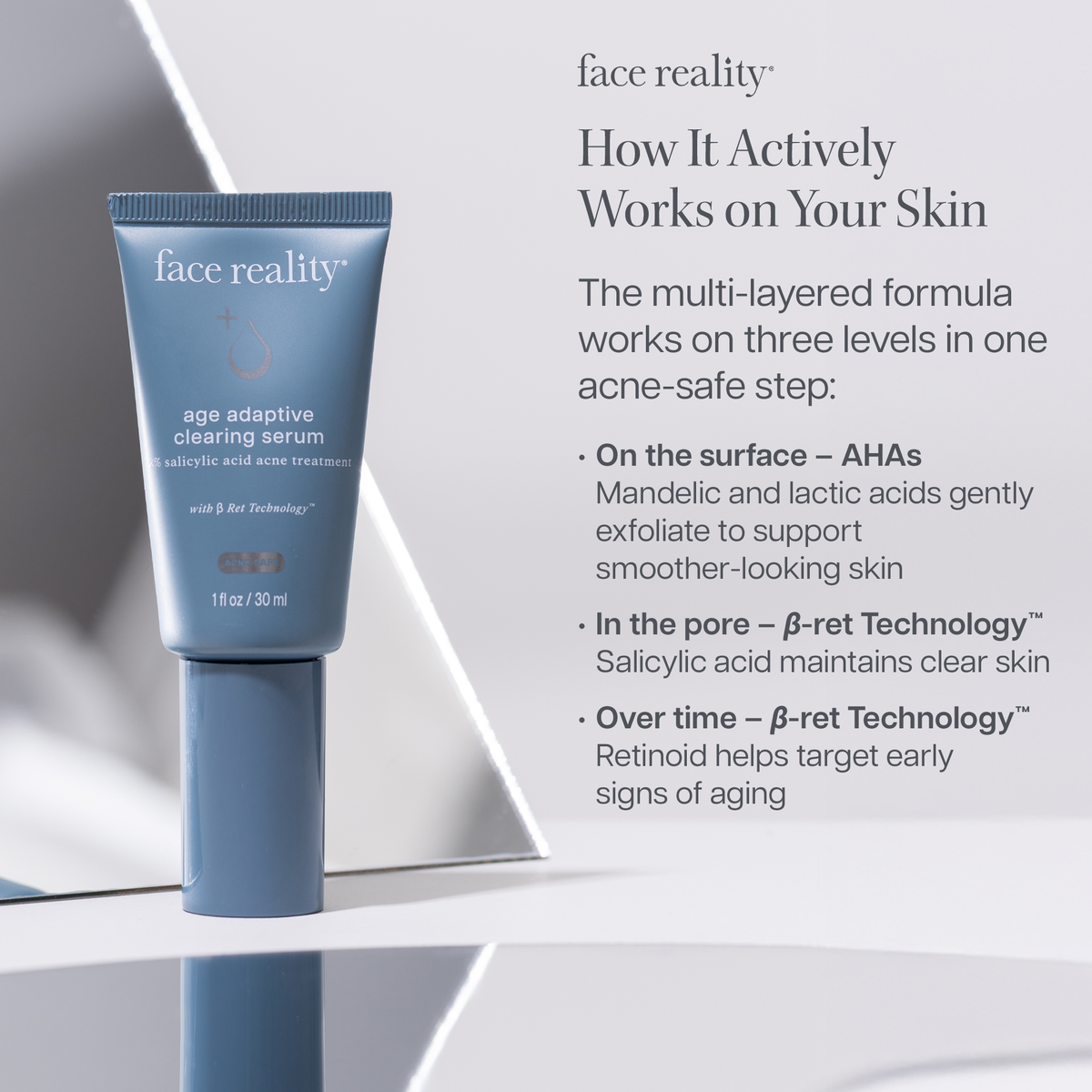 How Face Reality Age Adaptive Clearing Serum works on three levels: surface, pore and over time