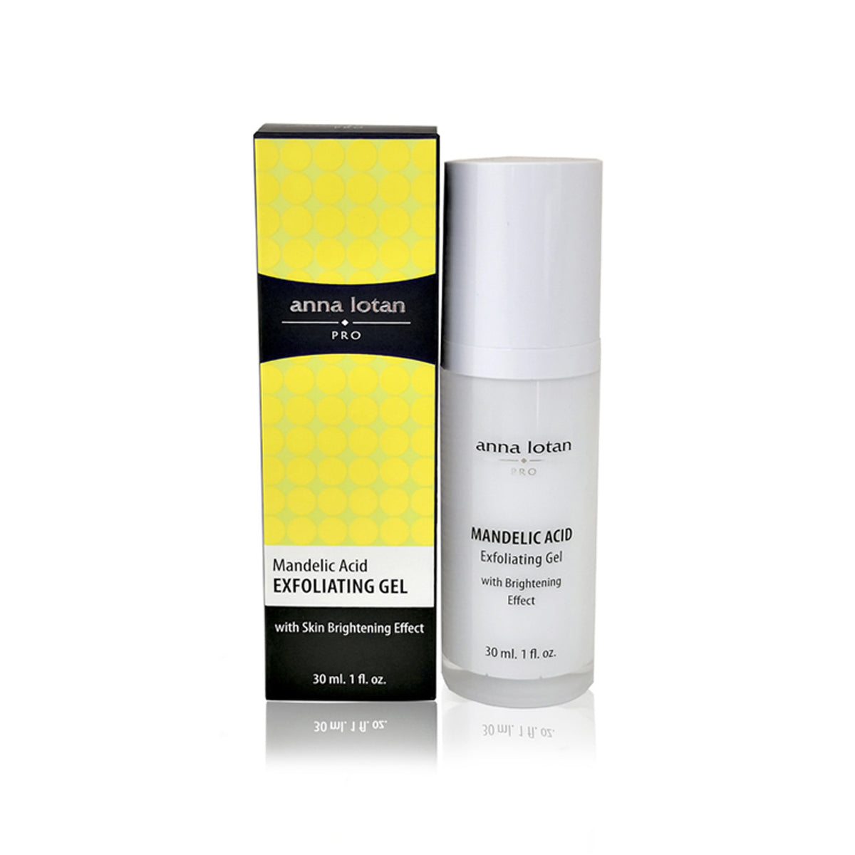 Anna Lotan Mandelic Acid Exfoliating Gel, 30 ml / 1 fl oz white pump bottle, next to its yellow-dotted box