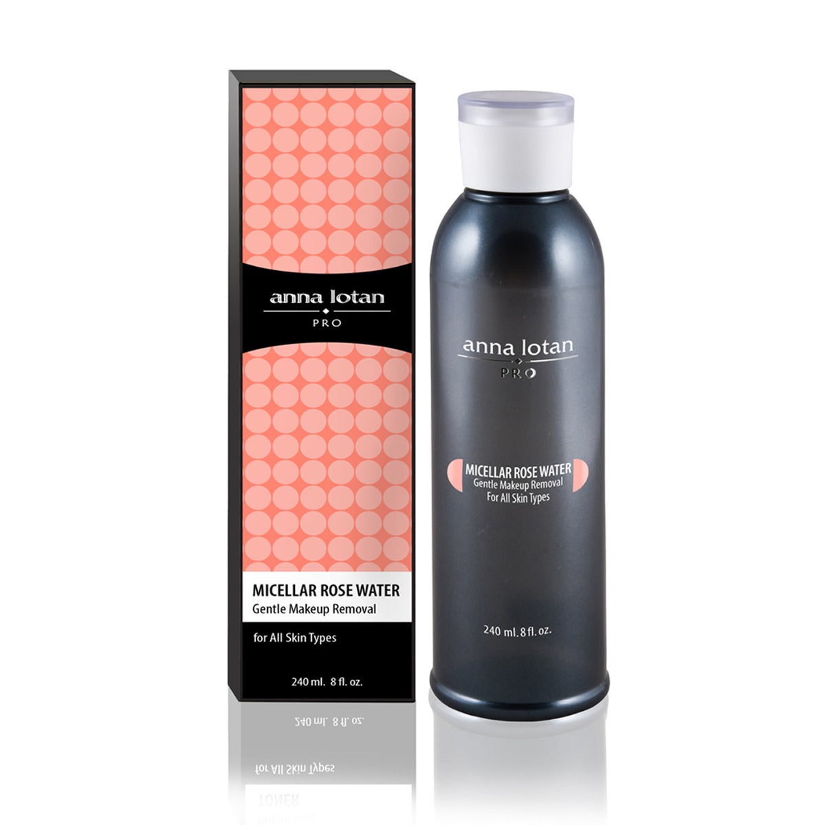 Anna Lotan Micellar Rose Water, 240 ml / 8 fl oz dark bottle with white cap, next to its coral-dotted box